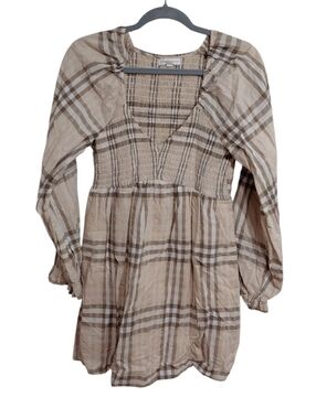 Beige Plaid Smocked-Waist Mini Dress with Puff Sleeves